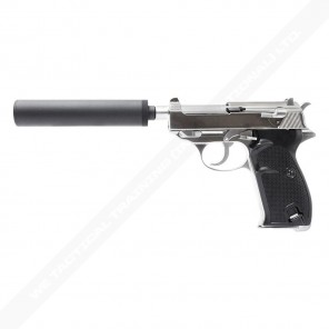 WE Short Outer Barrel P38 GBB Pistol with Metal Silencer(Silver)
